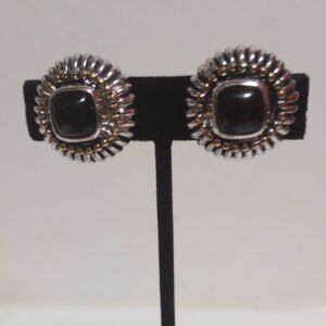 Classic Designer Style Chunky Silver & Onyx Clip Earrings